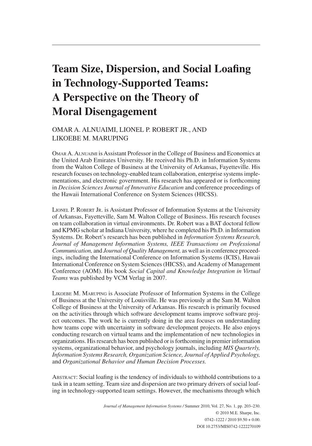 Team Size, Dispersion, and Social Loafing in Technology-Supported Teams: a Perspective on the Theory of Moral Disengagement