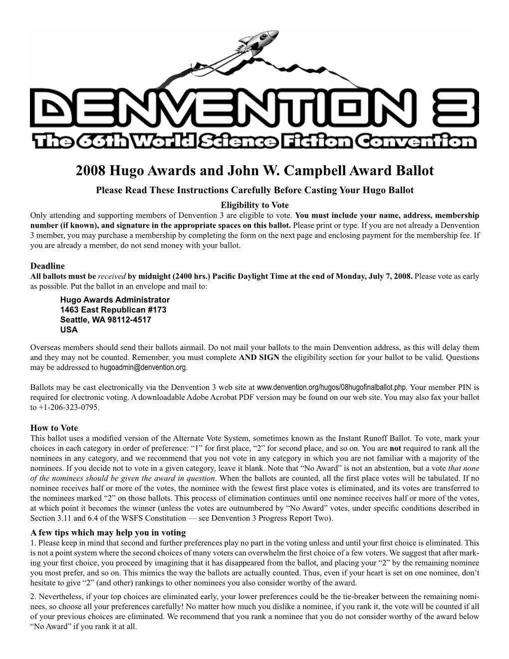 2008 Hugo Awards and John W. Campbell Award Ballot