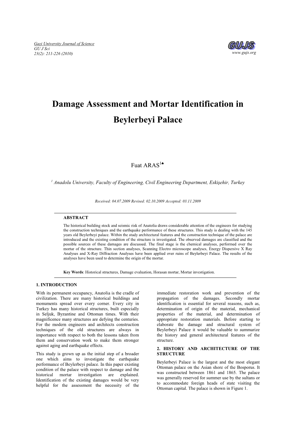 Damage Assessment and Mortar Identification in Beylerbeyi Palace