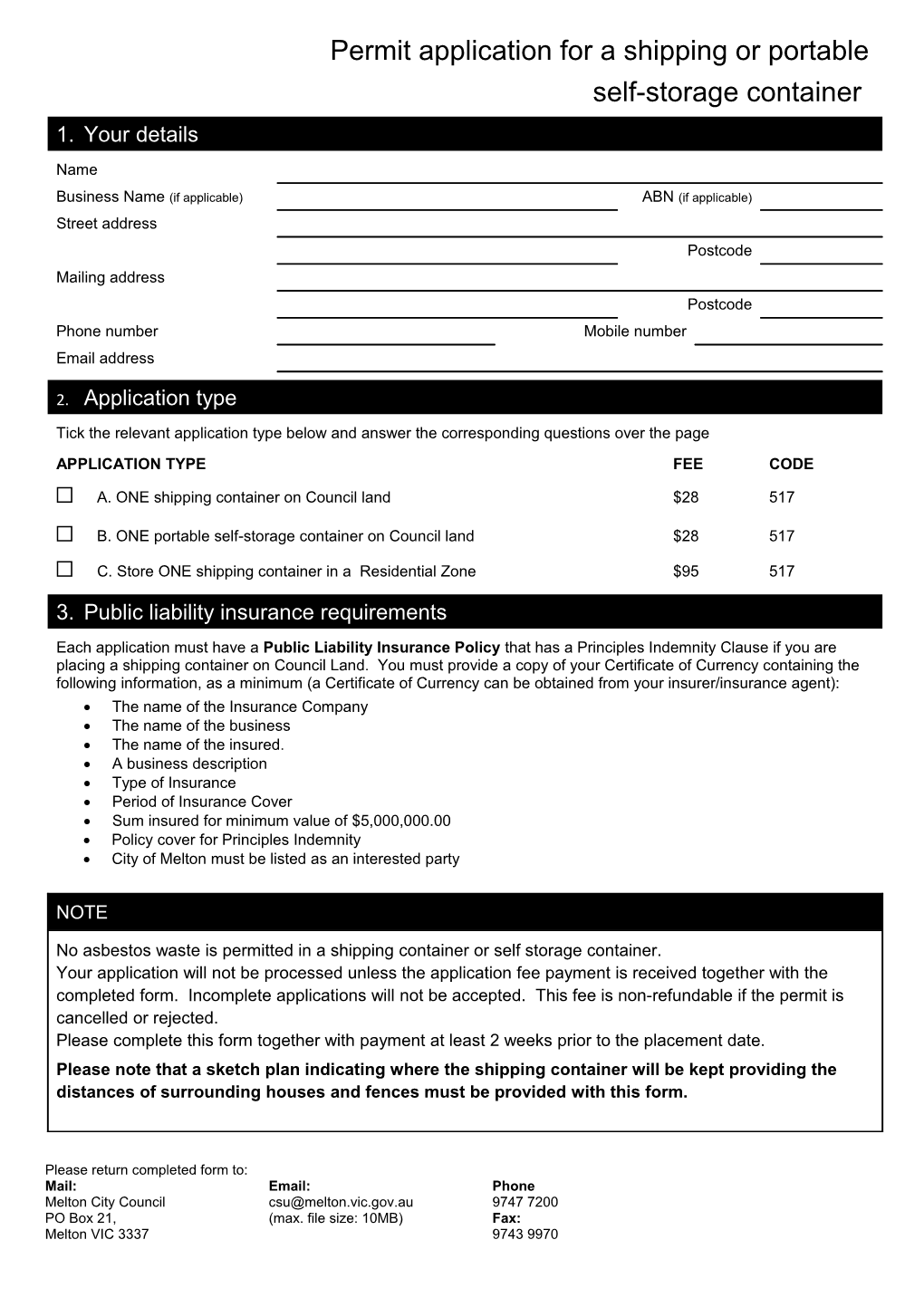Permit Application for a Shipping Or Portable