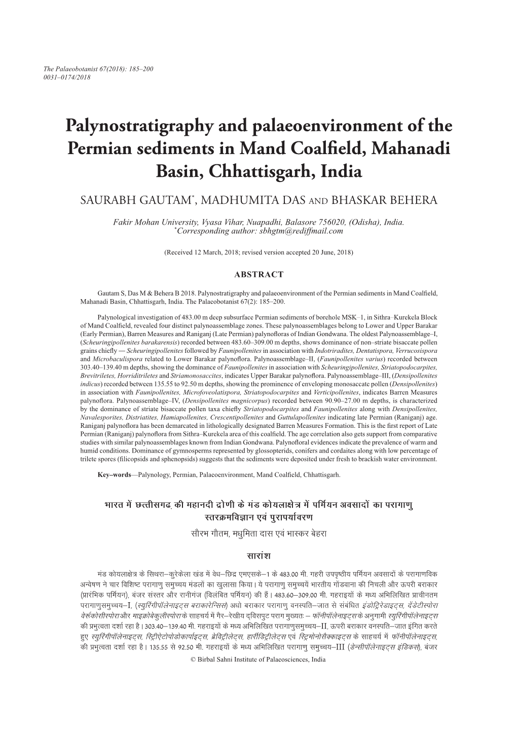 Palynostratigraphy and Palaeoenvironment of the Permian Sediments in Mand Coalfield, Mahanadi Basin, Chhattisgarh, India