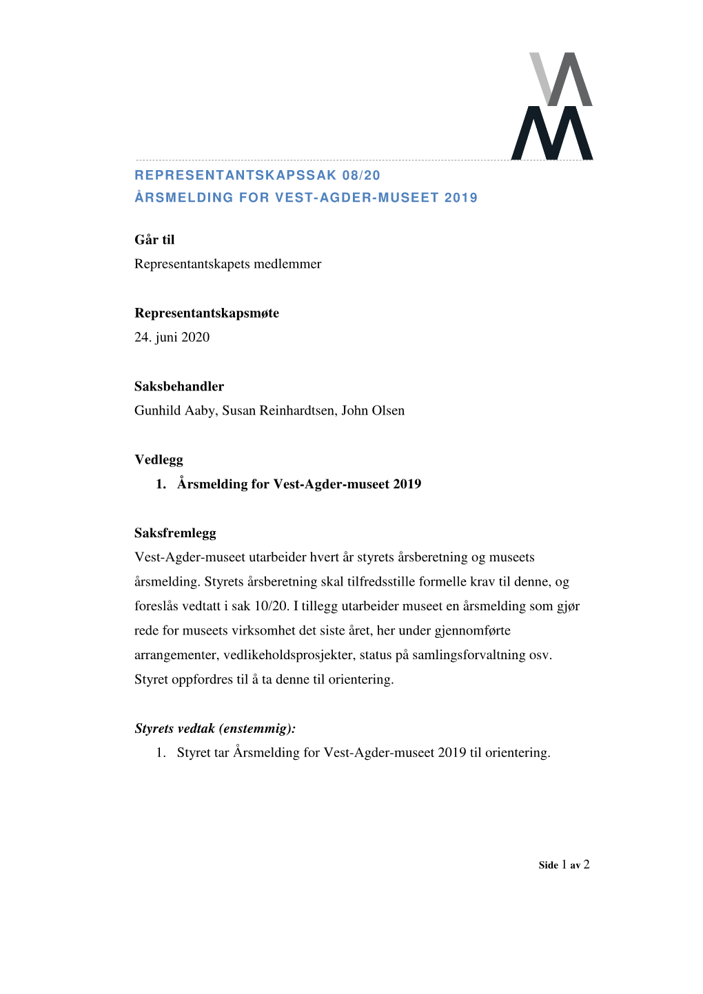 Sak 08/20 – Årsmelding for VAM 2019