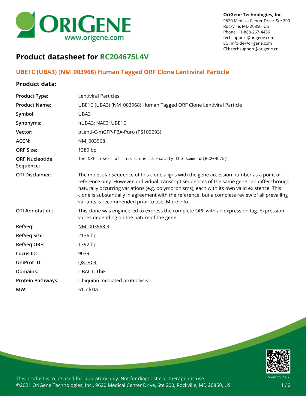 UBE1C (UBA3) (NM 003968) Human Tagged ORF Clone Lentiviral Particle Product Data