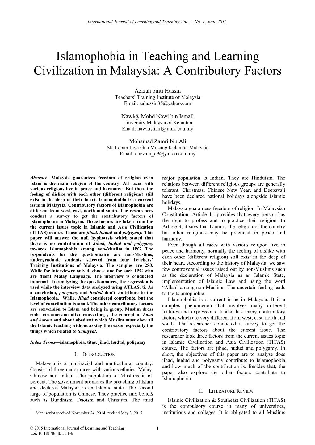 Islamophobia in Teaching and Learning Civilization in Malaysia: a Contributory Factors