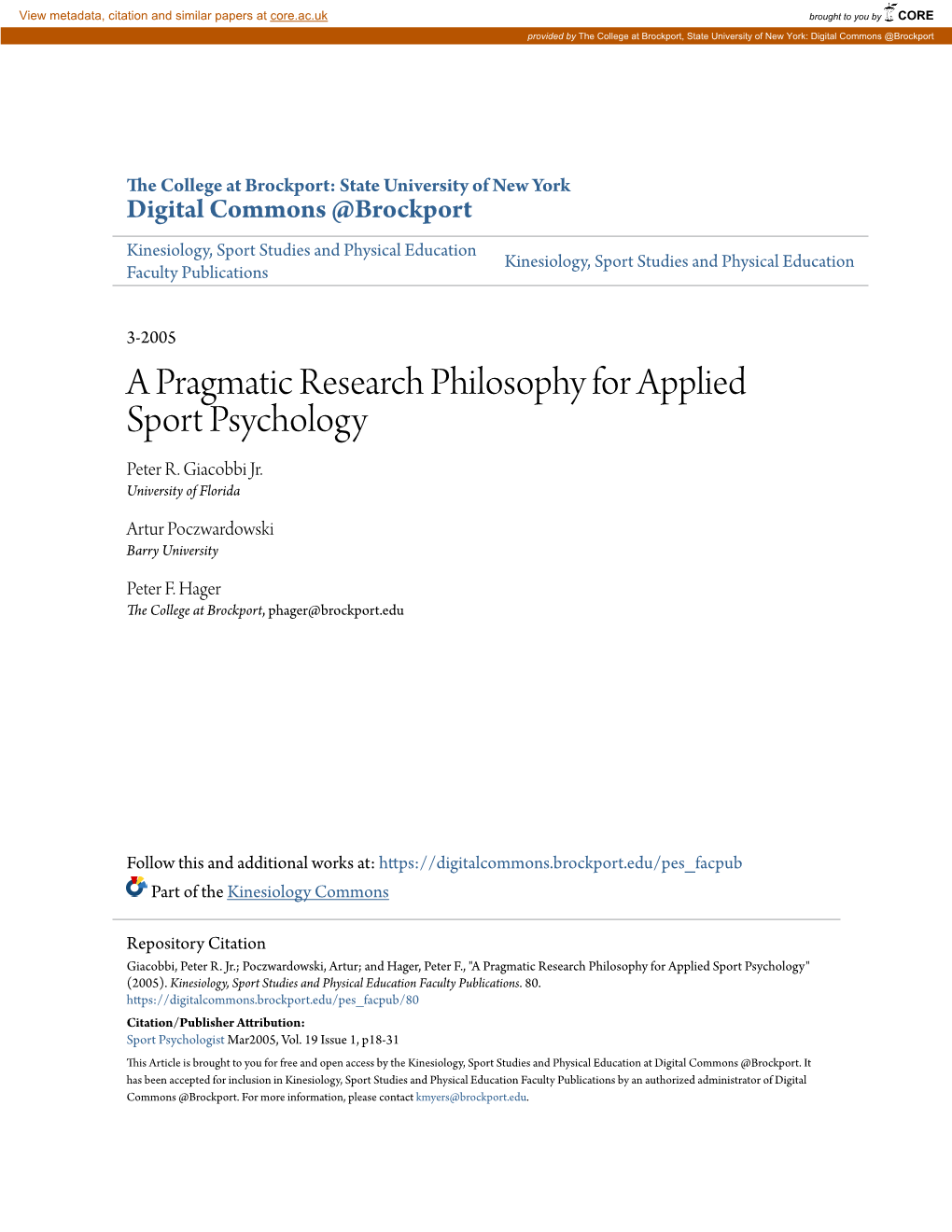 A Pragmatic Research Philosophy for Applied Sport Psychology Peter R