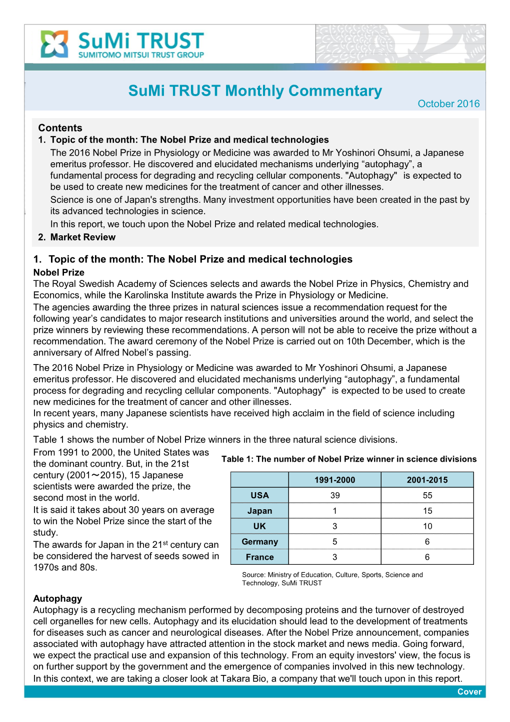 Sumi TRUST Monthly Commentary October 2016