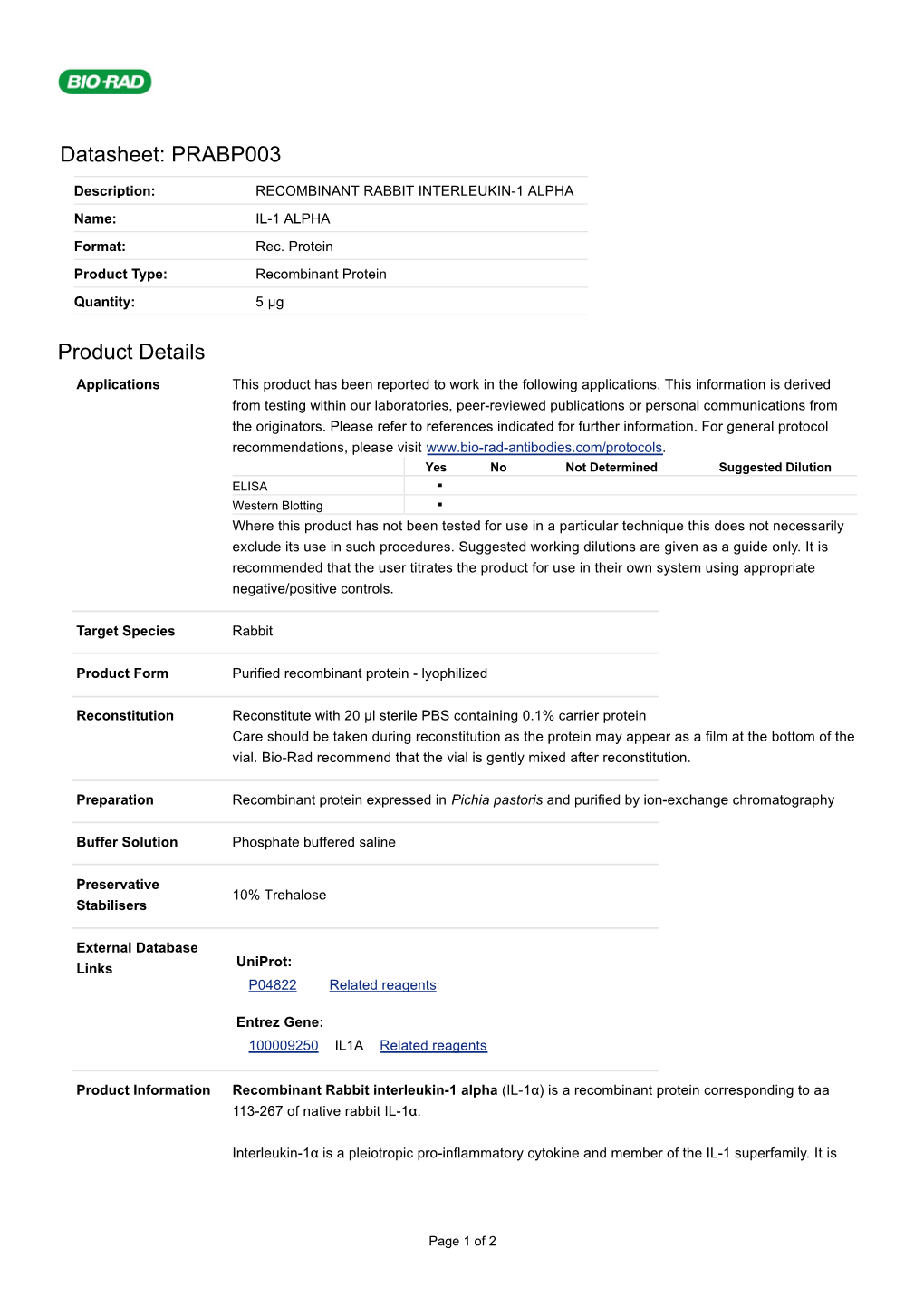 Datasheet: PRABP003 Product Details