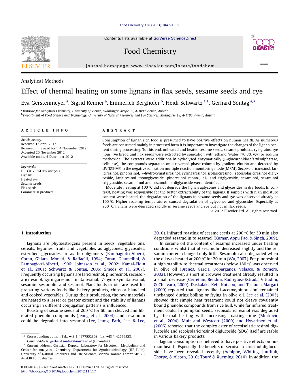 Effect of Thermal Heating on Some Lignans in Flax Seeds, Sesame