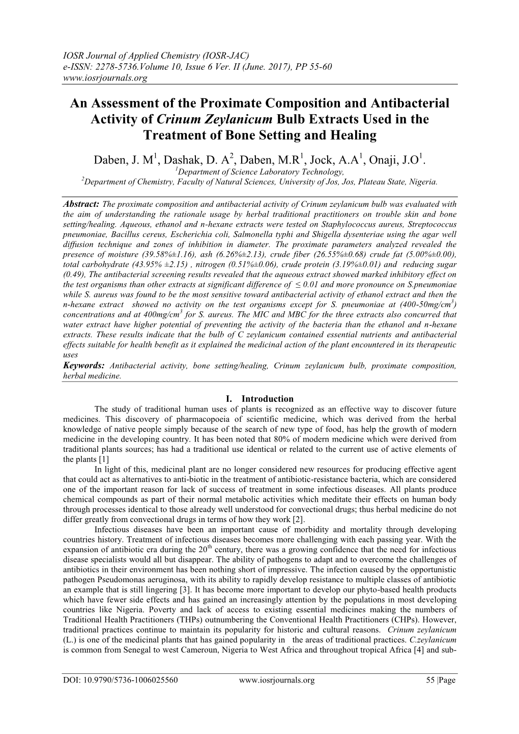 An Assessment of the Proximate Composition and Antibacterial Activity of Crinum Zeylanicum Bulb Extracts Used in the Treatment of Bone Setting and Healing