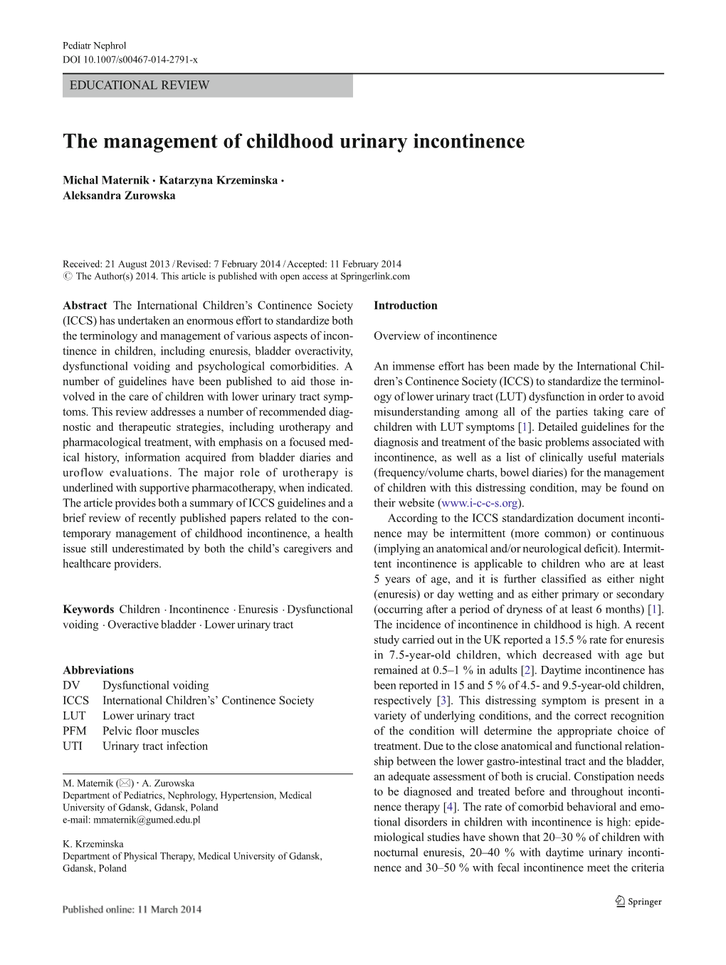 The Management of Childhood Urinary Incontinence
