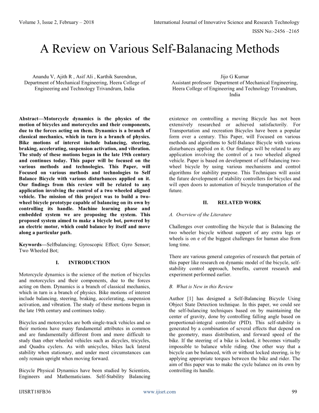 A Review on Various Self-Balanacing Methods