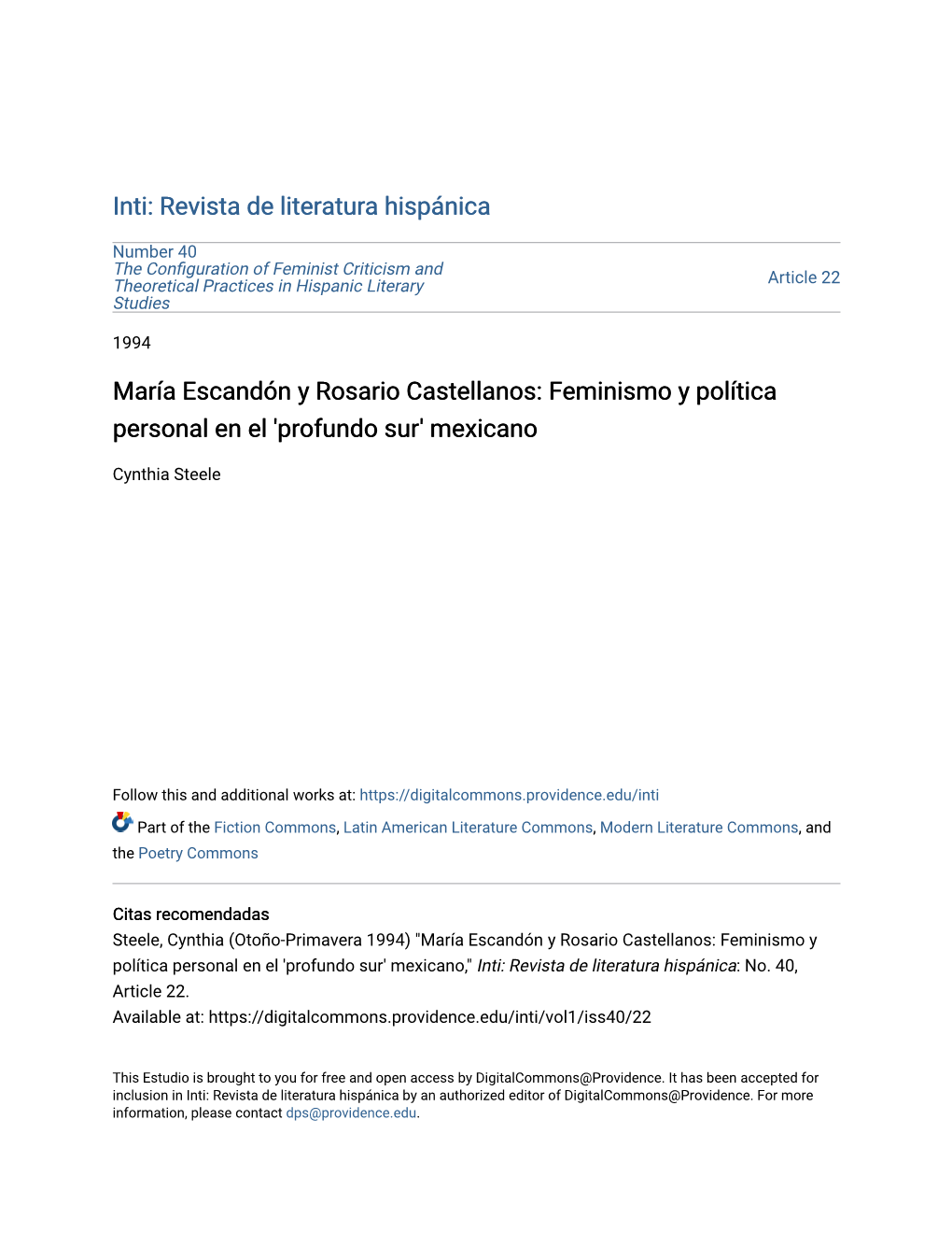 María Escandón Y Rosario Castellanos: Feminismo Y Política Personal En El 'Profundo Sur' Mexicano