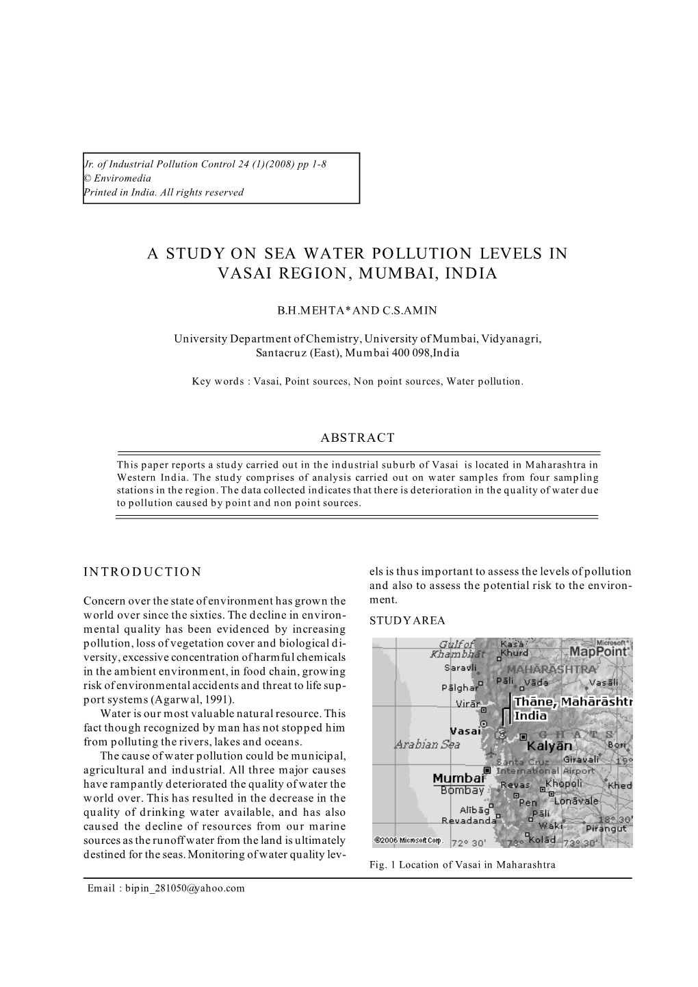 A Study on Sea Water Pollution Levels in Vasai Region, Mumbai, India