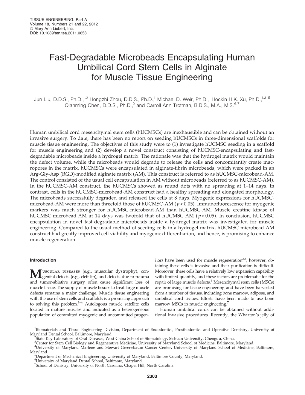 Fast-Degradable Microbeads Encapsulating Human Umbilical Cord Stem Cells in Alginate for Muscle Tissue Engineering