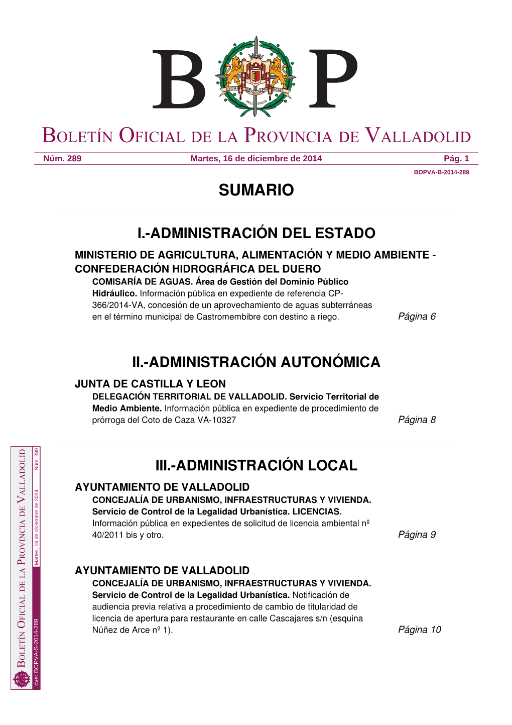 Sumario Boletín Oficial De La Provincia De Valladolid