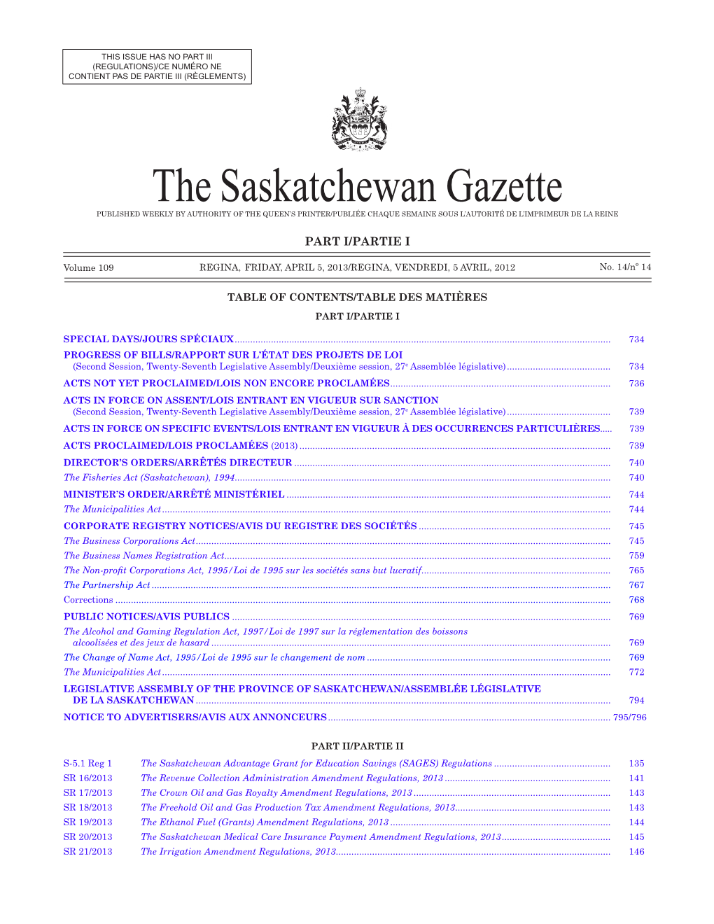 THE SASKATCHEWAN GAZETTE, April 5, 2013 733