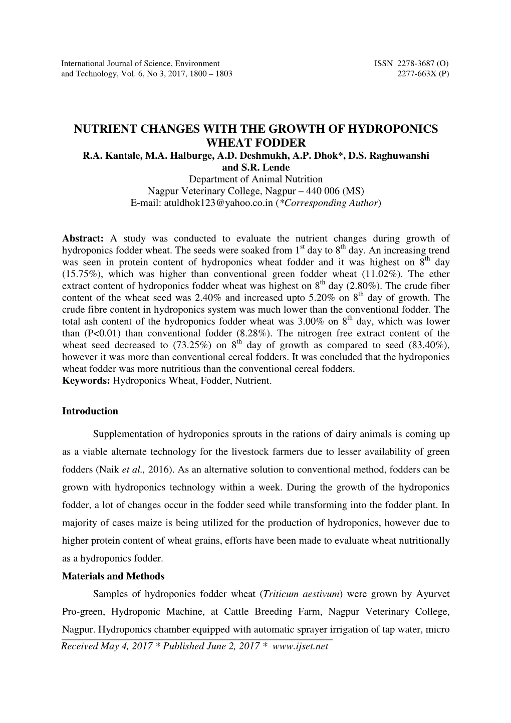 Nutrient Changes with the Growth of Hydroponics Wheat Fodder R.A