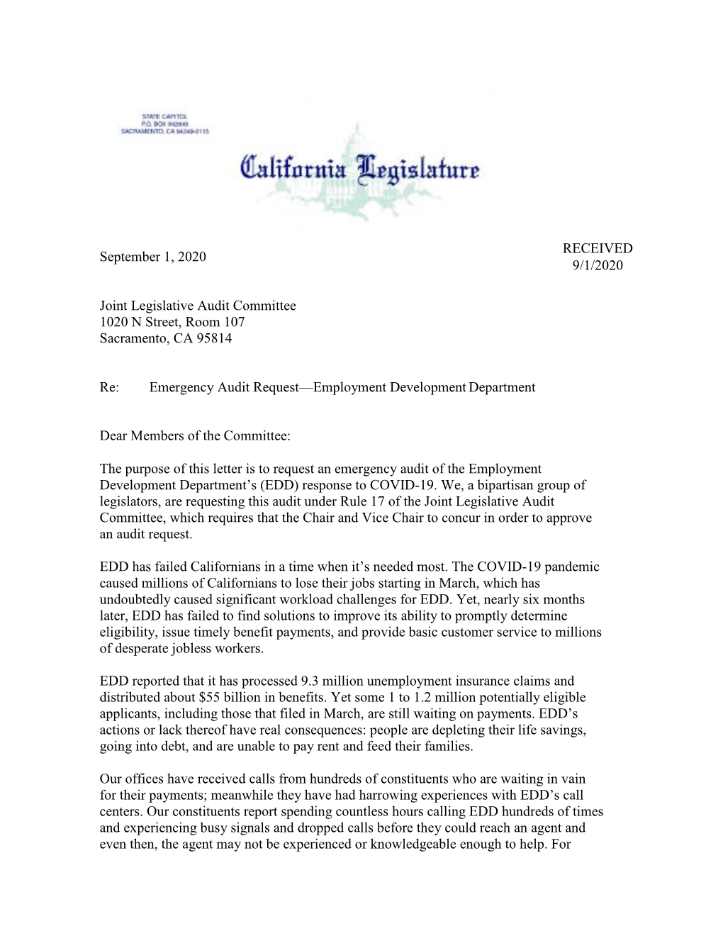 Letter to Legislative Audit Committee Requesting an Audit Of