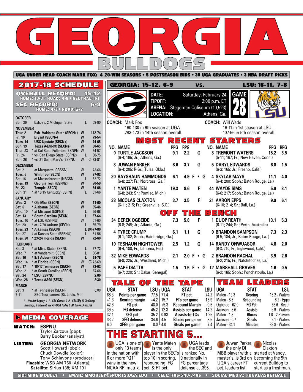 Bulldogs UGA Under Head Coach Mark Fox: 4 20-Win Seasons • 5 Postseason Bids • 30 UGA Graduates • 3 NBA Draft Picks 2017-18 SCHEDULE GEORGIA: 15-12, 6-9 VS