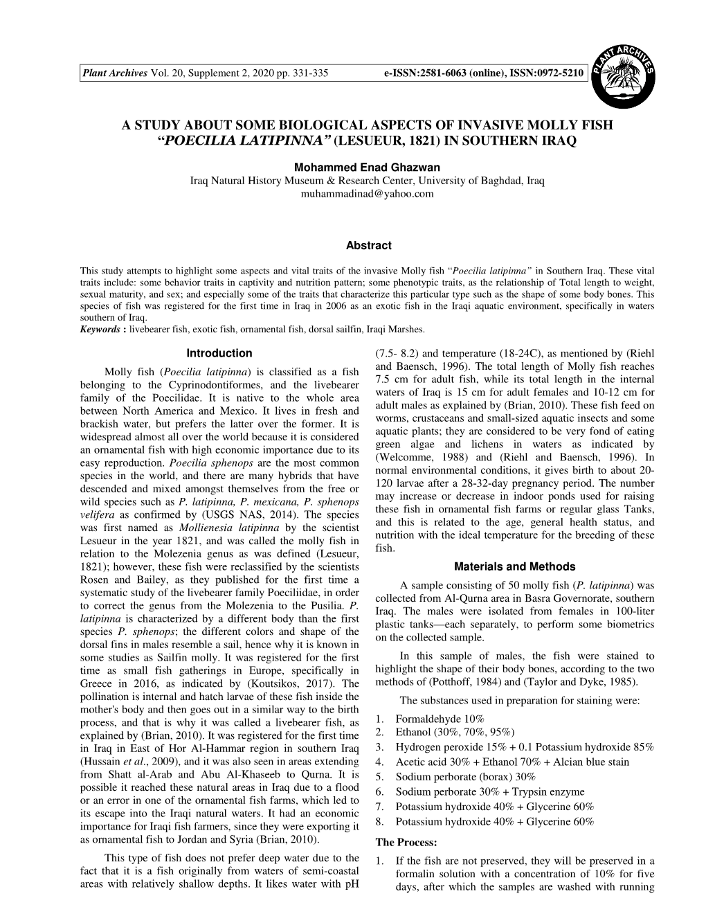 A Study About Some Biological Aspects of Invasive Molly Fish “Poecilia Latipinna” (Lesueur, 1821) in Southern Iraq