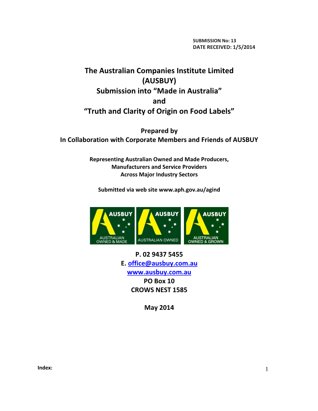 AUSBUY) Submission Into “Made in Australia” and “Truth and Clarity of Origin on Food Labels”