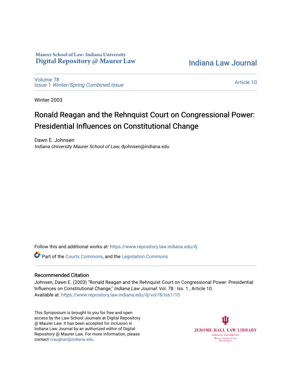Ronald Reagan and the Rehnquist Court on Congressional Power: Presidential Influences on Constitutional Change