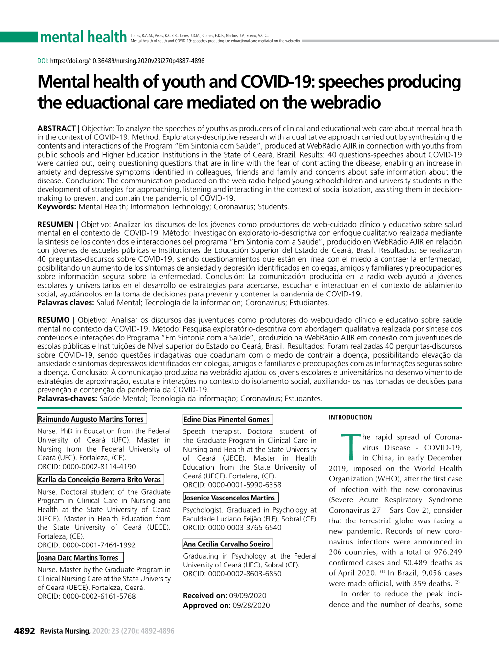 Mental Health of Youth and COVID-19: Speeches Producing the Eduactional Care Mediated on the Webradio