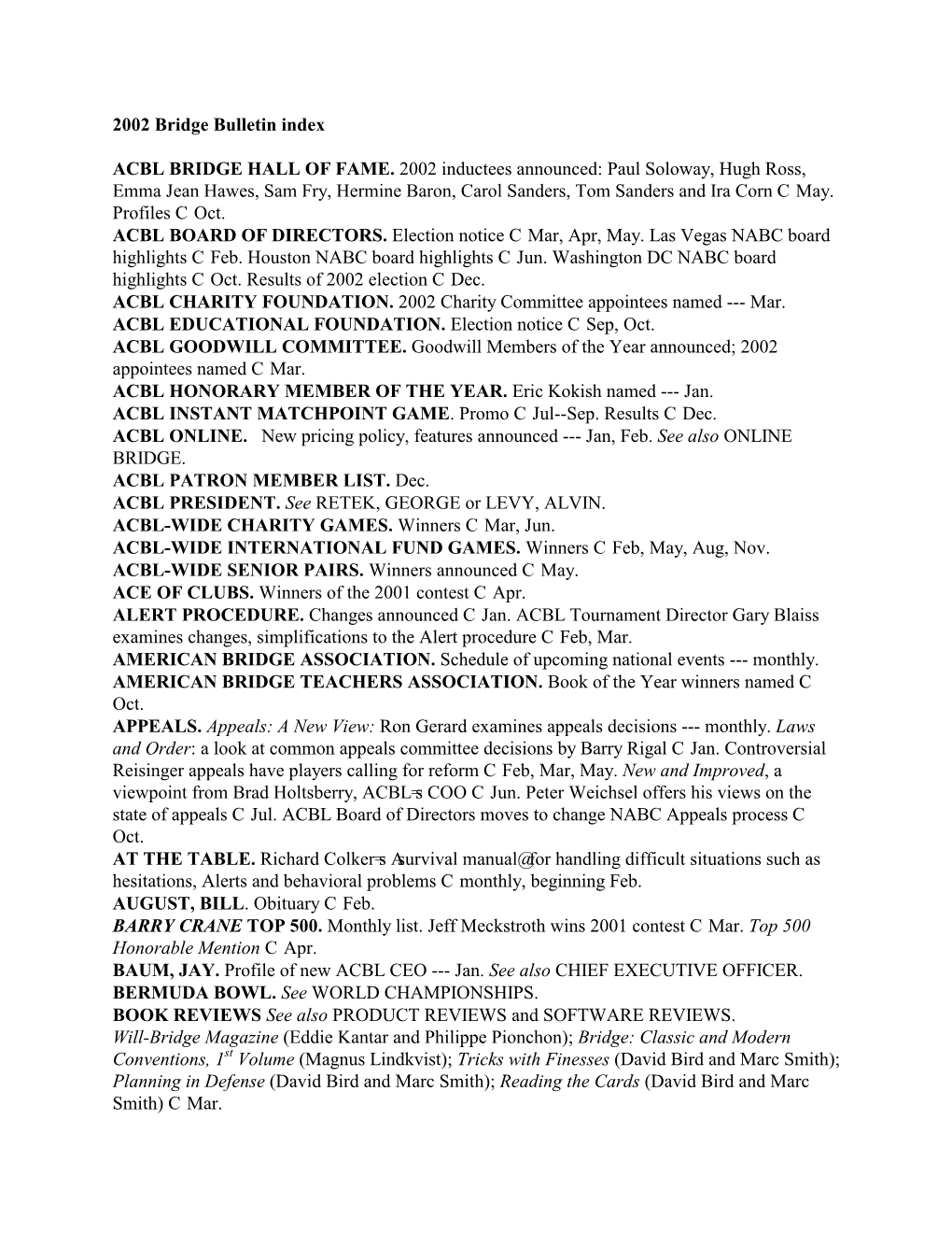 2002 Bridge Bulletin Index ACBL BRIDGE HALL of FAME. 2002