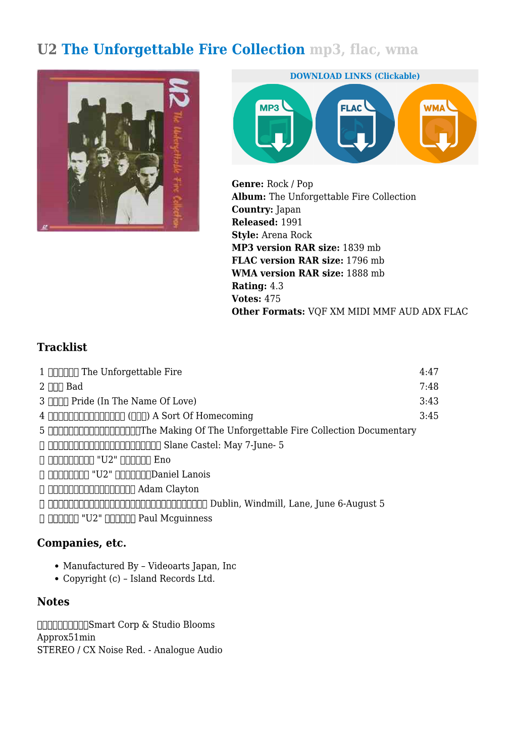 U2 the Unforgettable Fire Collection Mp3, Flac, Wma