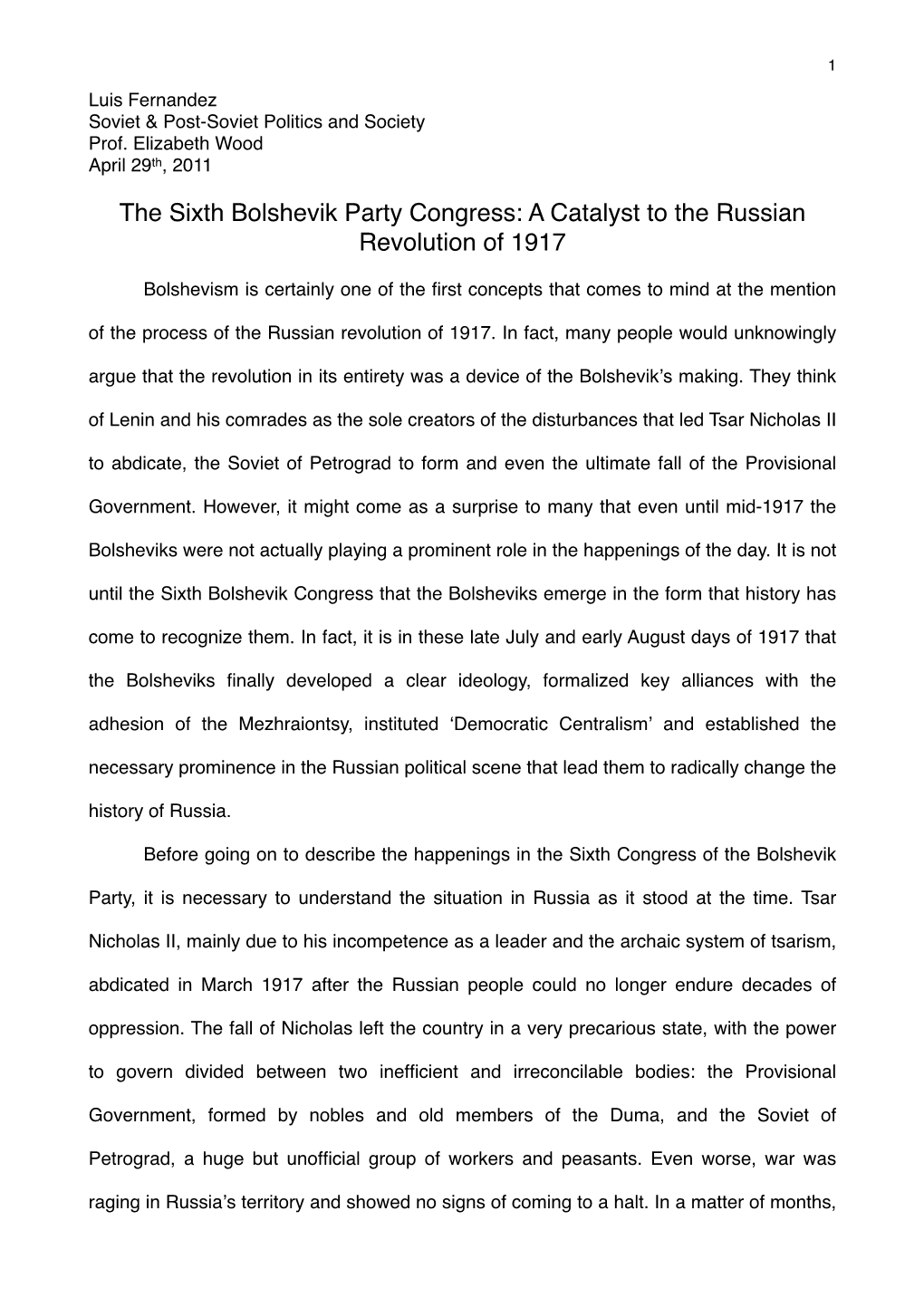 The Sixth Bolshevik Party Congress: a Catalyst to the Russian Revolution of 1917