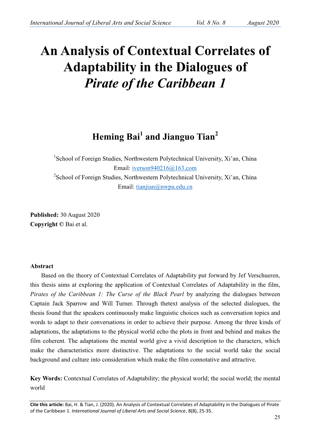 An Analysis of Contextual Correlates of Adaptability in the Dialogues of Pirate of the Caribbean 1