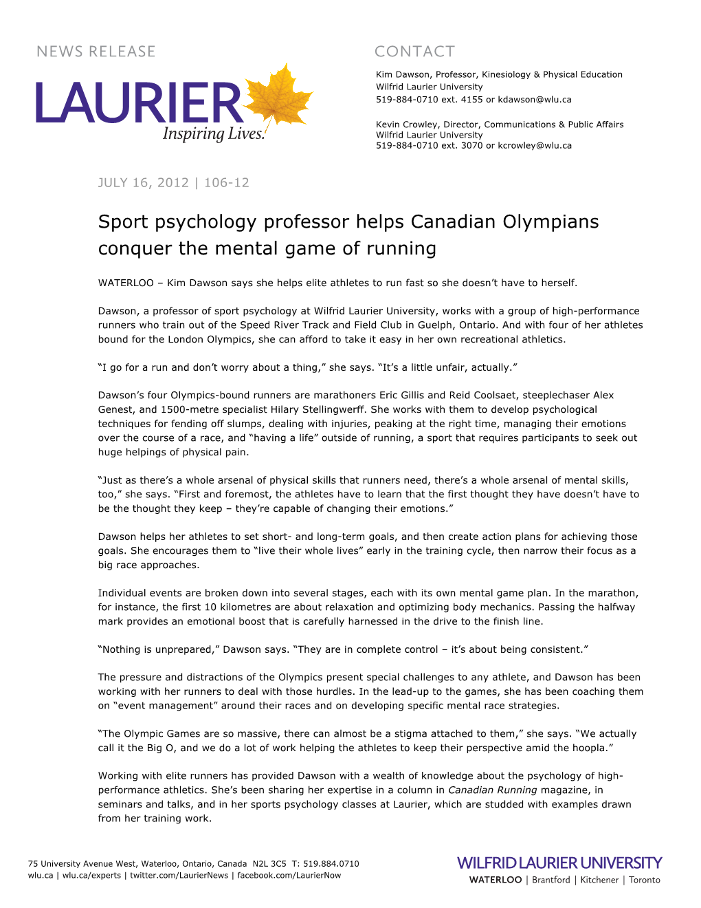 Sport Psychology Professor Helps Canadian Olympians Conquer the Mental Game of Running