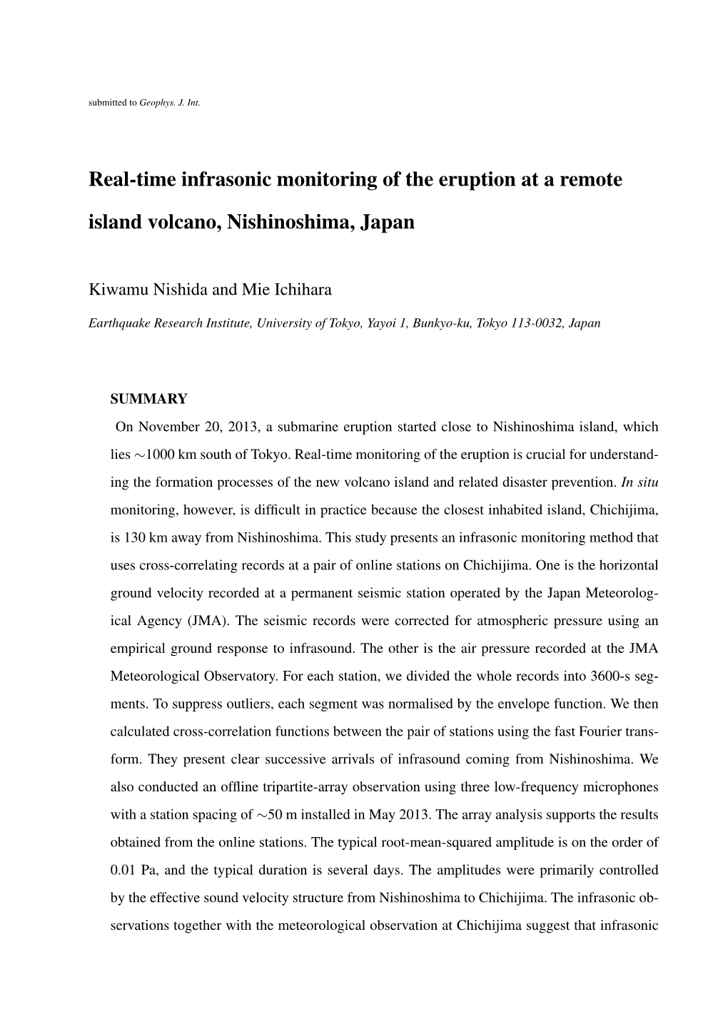 Real-Time Infrasonic Monitoring of the Eruption at a Remote Island Volcano, Nishinoshima, Japan