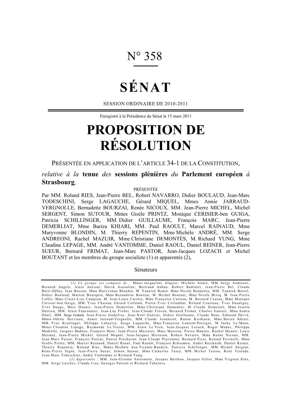 Sénat Proposition De Résolution