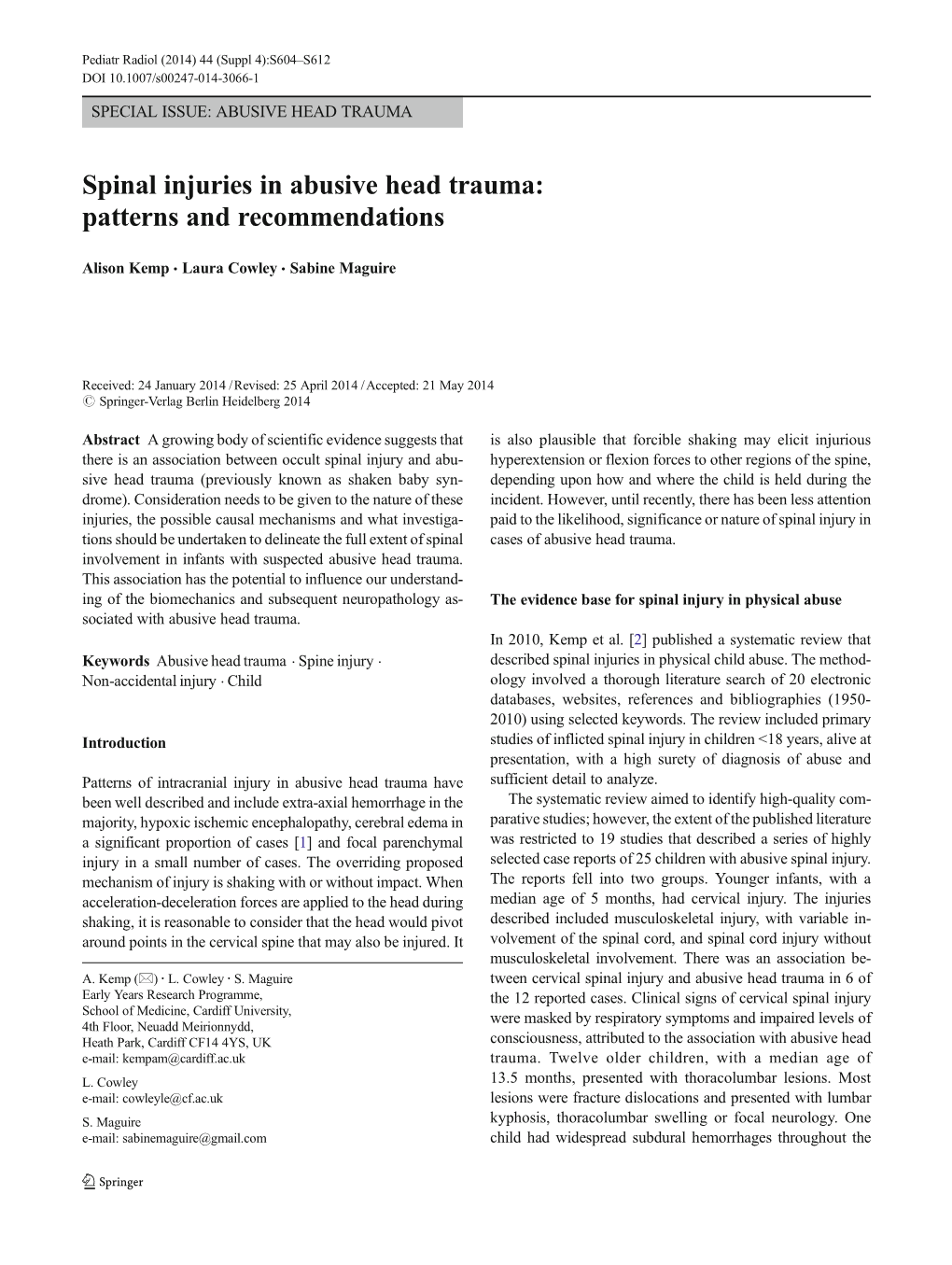 Spinal Injuries in Abusive Head Trauma: Patterns and Recommendations