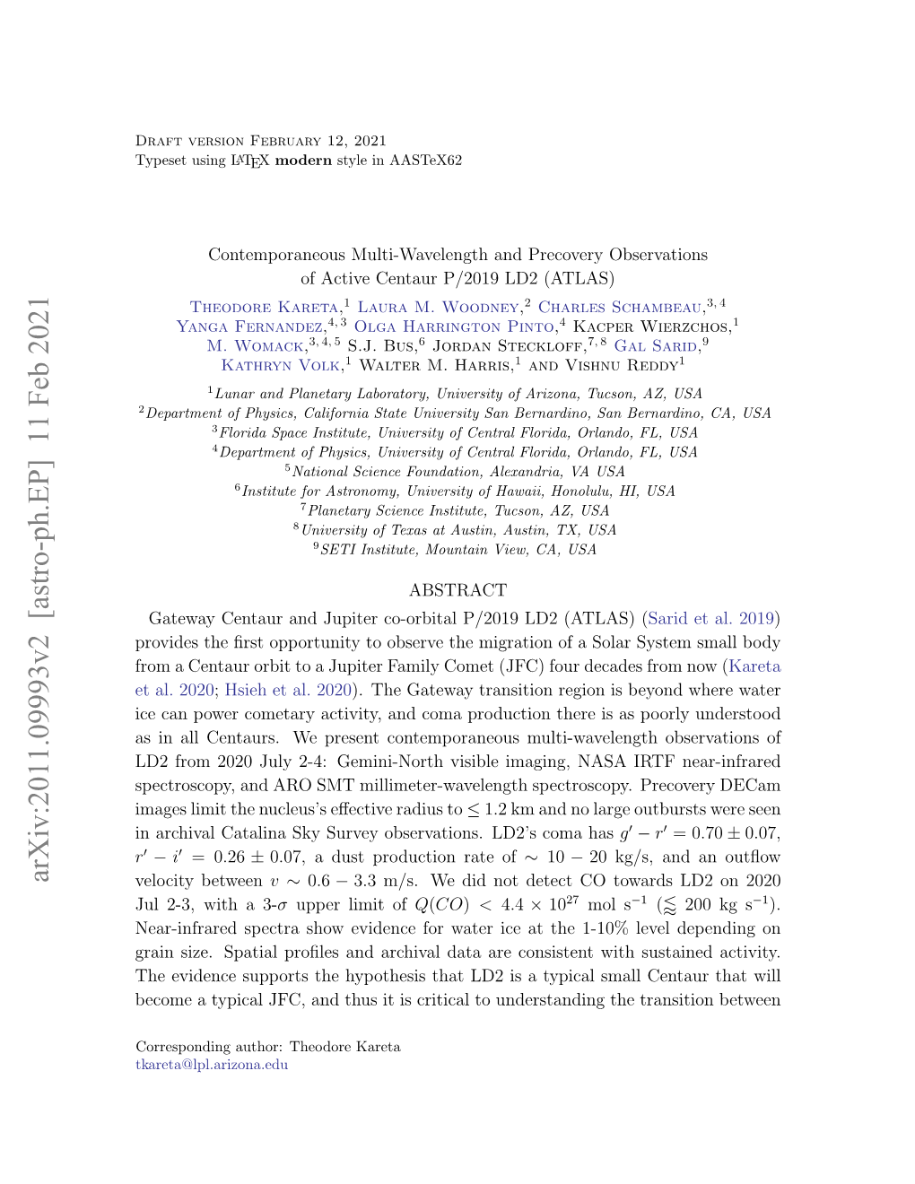 Arxiv:2011.09993V2 [Astro-Ph.EP] 11 Feb 2021 Velocity Between V ∼ 0.6 − 3.3 M/S