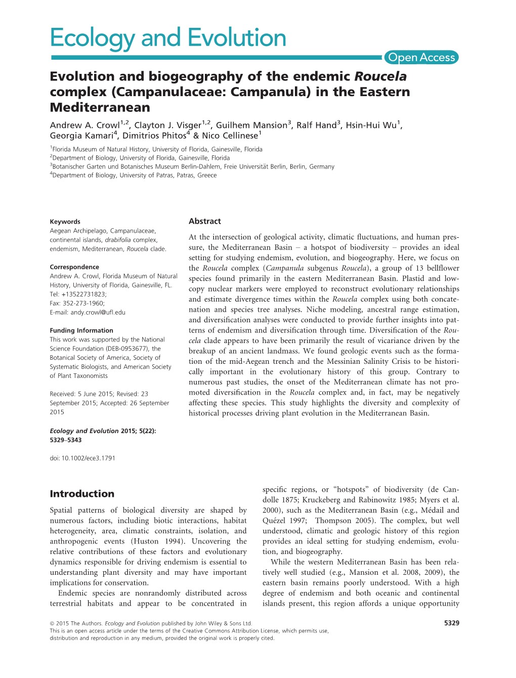 Evolution and Biogeography of the Endemic Roucela Complex (Campanulaceae: Campanula) in the Eastern Mediterranean Andrew A