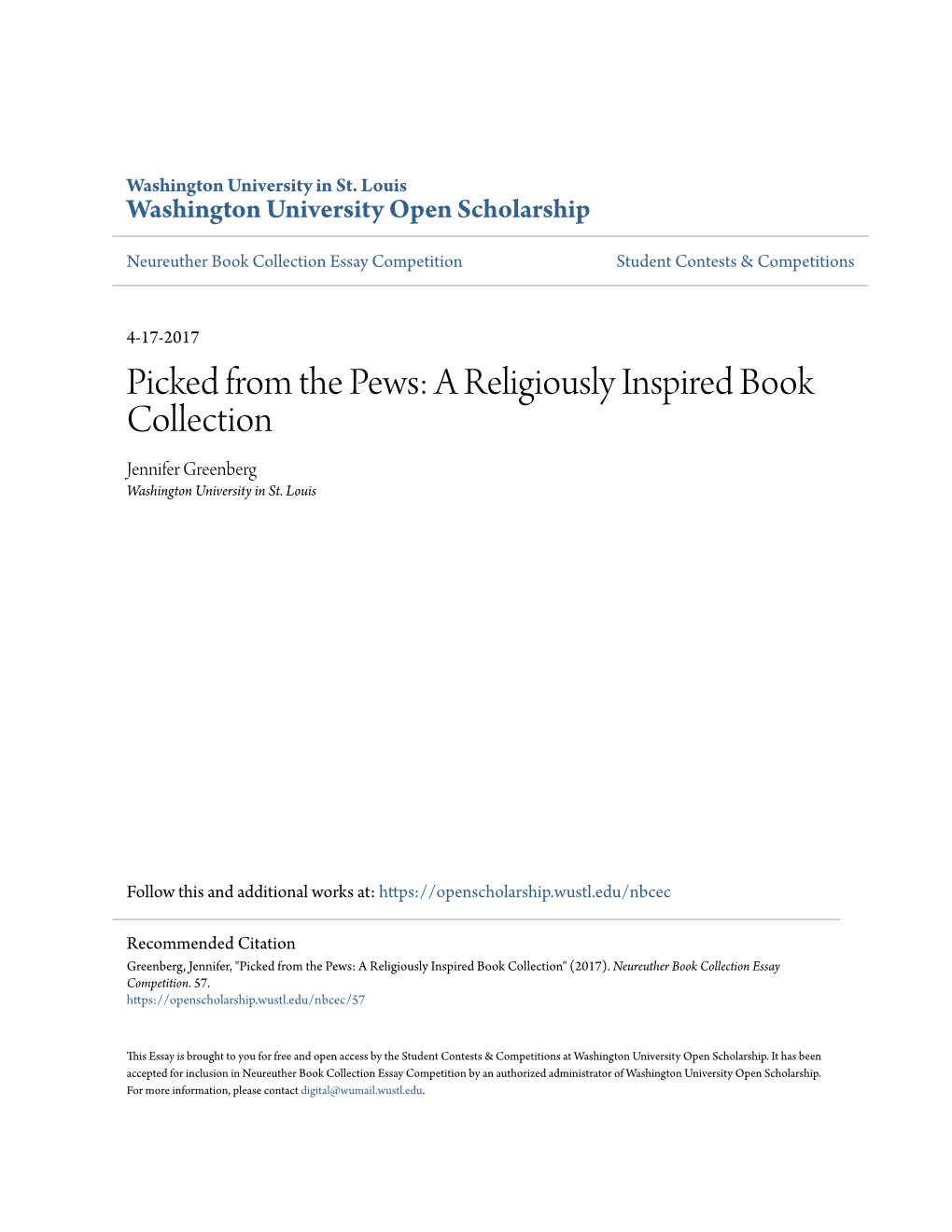 Picked from the Pews: a Religiously Inspired Book Collection Jennifer Greenberg Washington University in St