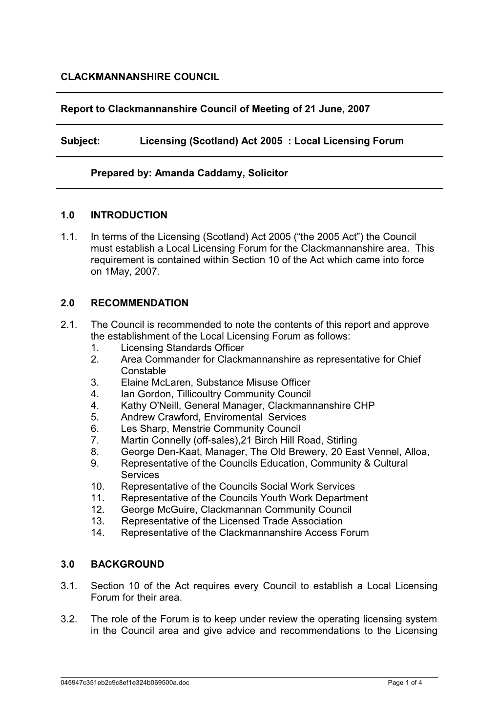 Subject: Licensing (Scotland) Act 2005 : Local Licensing Forum