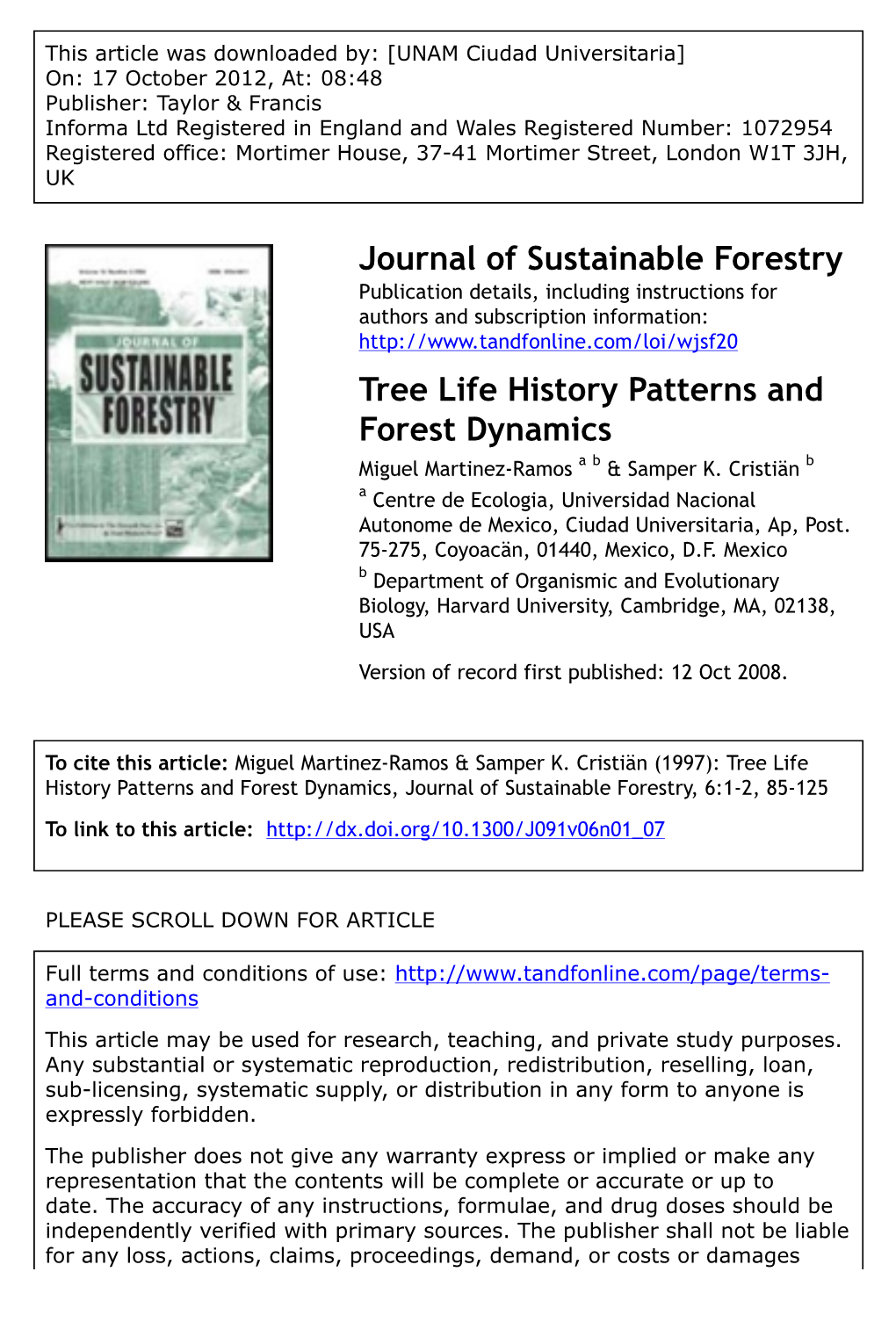 Tree Life History Patterns and Forest Dynamics Miguel Martinez-Ramos a B & Samper K