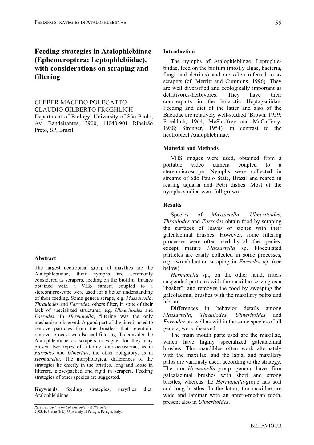 Feeding Strategies in Atalophlebiinae (Ephemeroptera: Leptophlebiidae