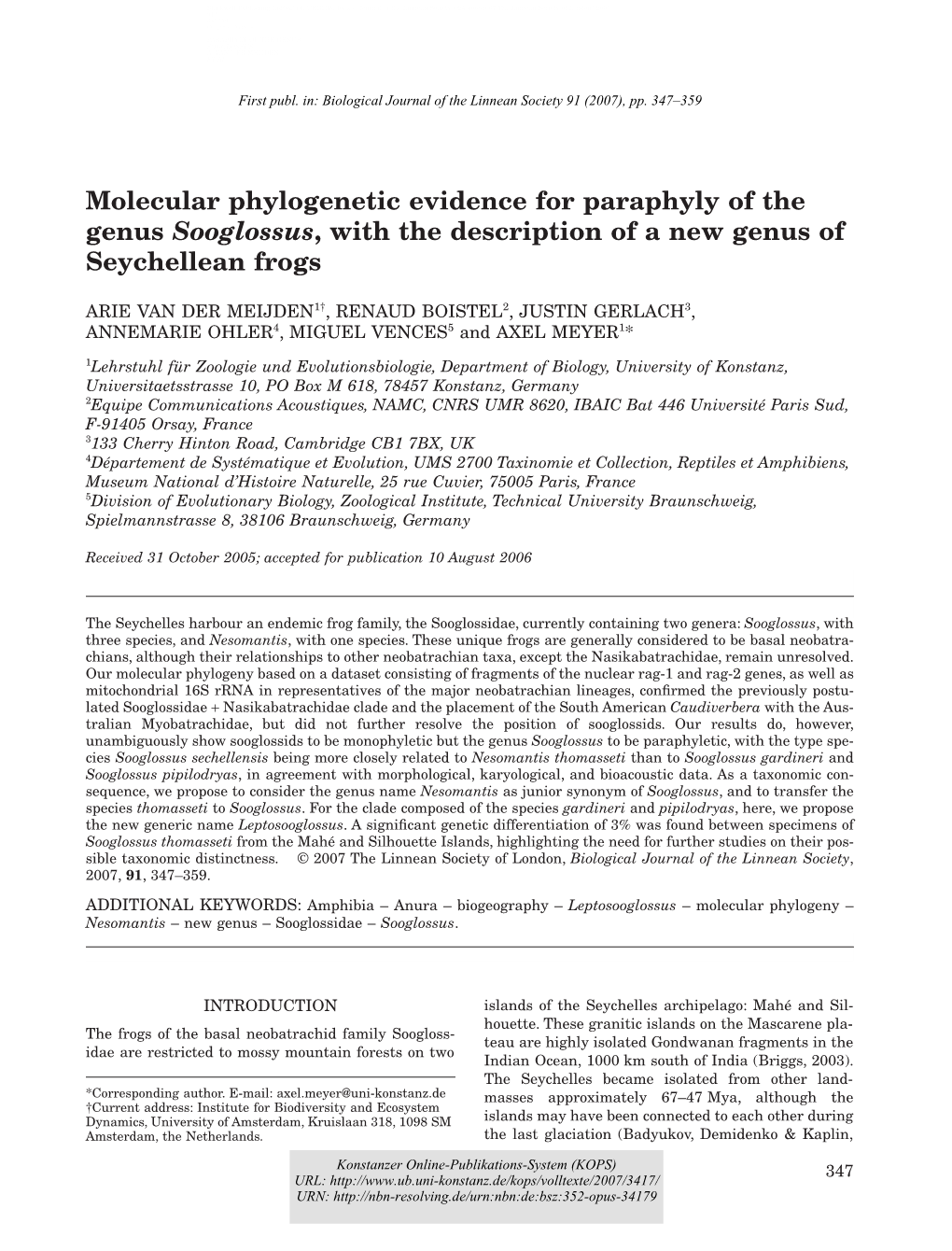 Molecular Phylogenetic Evidence for Paraphyly of the Genus Sooglossus, with the Description of a New Genus of Seychellean Frogs