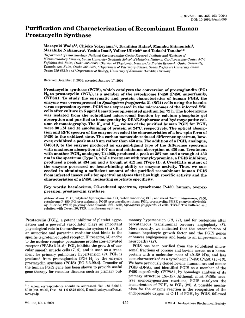 Purification and Characterization of Recombinant Human Prostacyclin Synthase