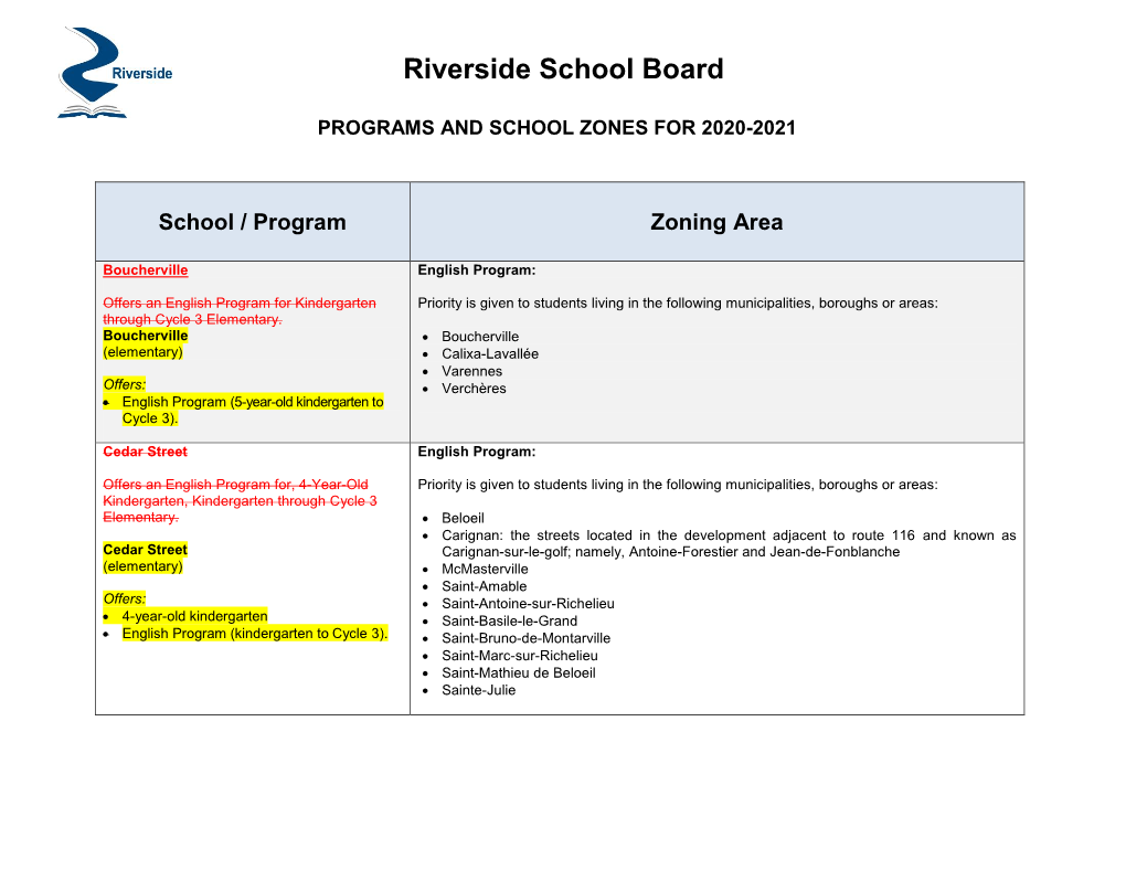 School / Program Zoning Area