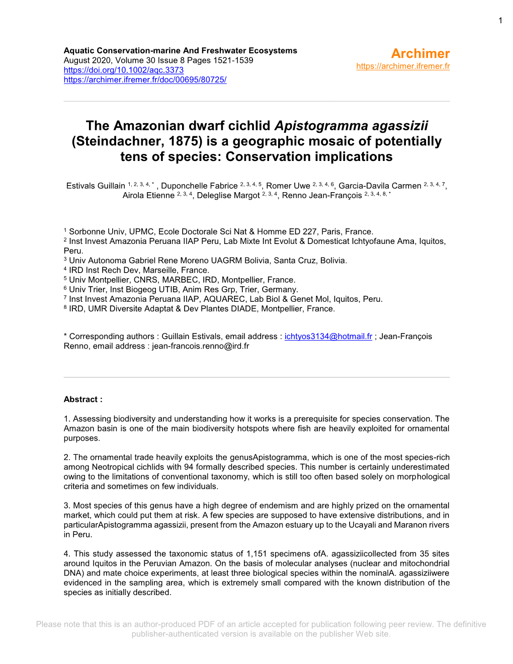 The Amazonian Dwarf Cichlid Apistogramma Agassizii (Steindachner, 1875) Is a Geographic Mosaic of Potentially Tens of Species: Conservation Implications