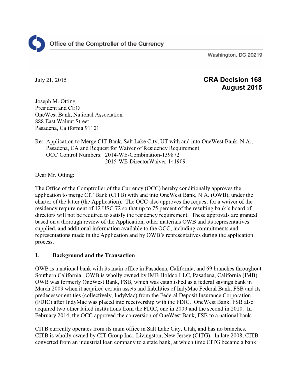 CRA Decision 168 August 2015