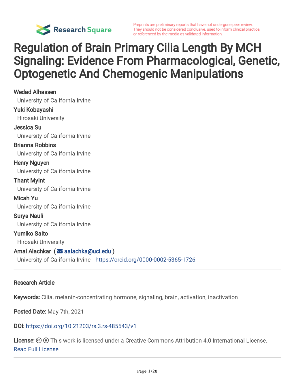 Regulation of Brain Primary Cilia Length by MCH Signaling: Evidence from Pharmacological, Genetic, Optogenetic and Chemogenic Manipulations