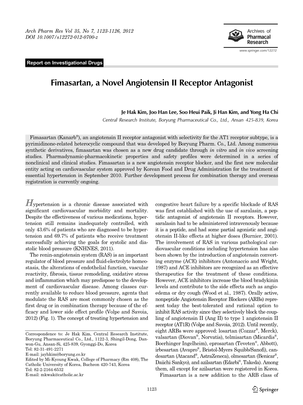 Fimasartan, a Novel Angiotensin II Receptor Antagonist