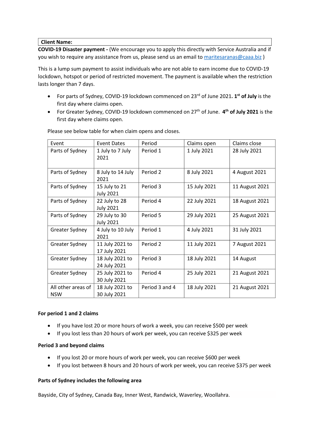 Client Name: COVID-19 Disaster Payment