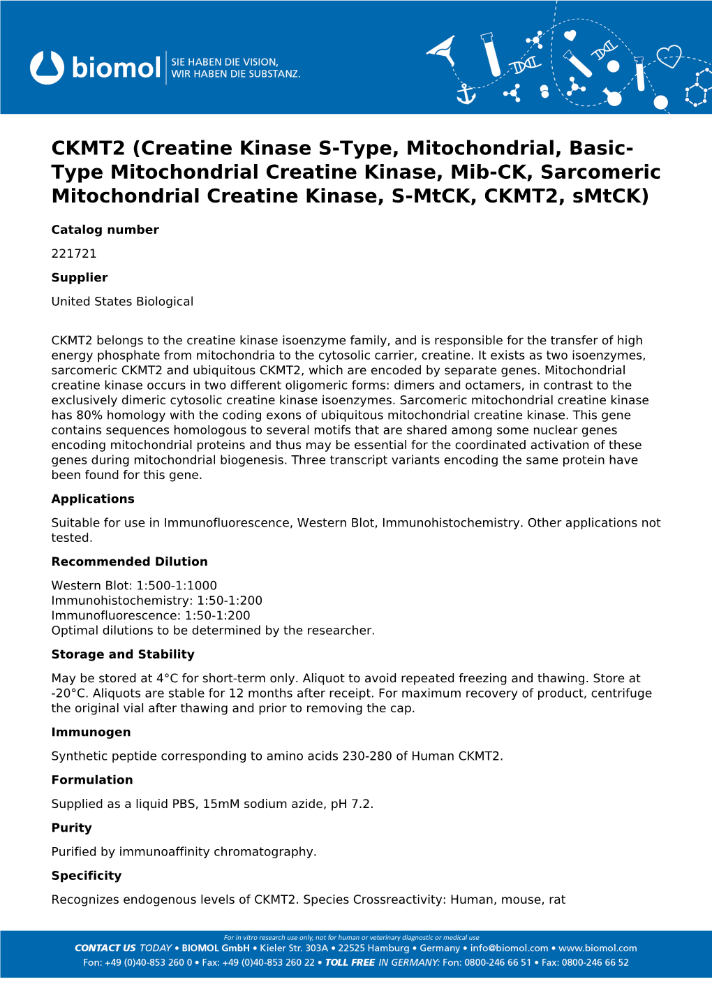 CKMT2 (Creatine Kinase S-Type, Mitochondrial, Basic- Type Mitochondrial Creatine Kinase, Mib-CK, Sarcomeric Mitochondrial Creatine Kinase, S-Mtck, CKMT2, Smtck)